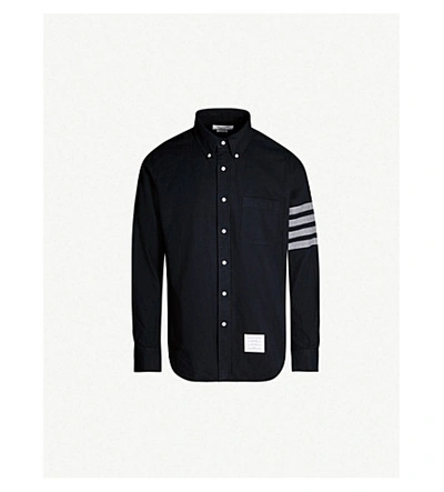Shop Thom Browne Logo-print Regular-fit Cotton-flannel Shirt In Navy