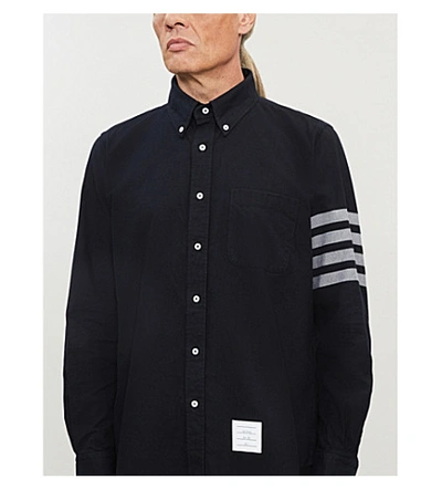 Shop Thom Browne Logo-print Regular-fit Cotton-flannel Shirt In Navy