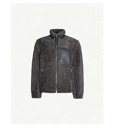Shop Loewe High-neck Shearling Jacket In Grey Black