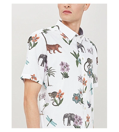 Shop Ted Baker Group Floral-print Regular-fit Cotton Shirt In White