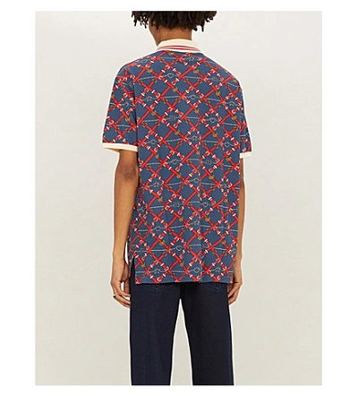 Shop Gucci Graphic-print Oversized Stretch Cotton-piqué Polo Shirt In Blue Red