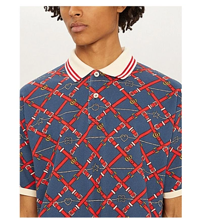 Shop Gucci Graphic-print Oversized Stretch Cotton-piqué Polo Shirt In Blue Red