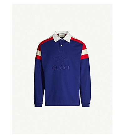 Shop Gucci Logo-embroidered Cotton-blend Polo Shirt In Inchiostro Red Mc