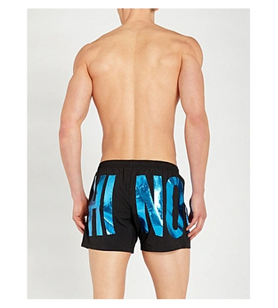 Shop Moschino Metallic Logo-print Relaxed-fit Swim Shorts In Blue