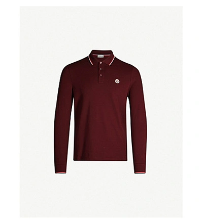Shop Moncler Stripe-trim Cotton-piqué Polo Shirt In Burgundy