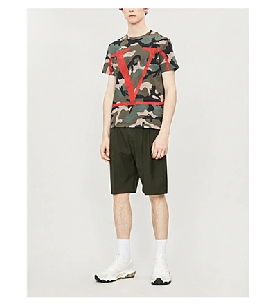 Shop Valentino Logo-print Camouflage Cotton T-shirt In Green Red