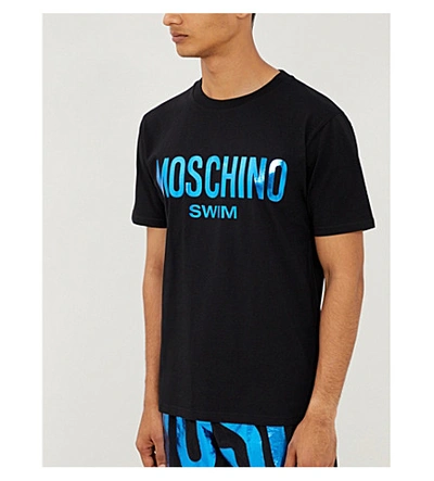 Shop Moschino Metallic Logo-print Cotton-jersey T-shirt In Blue