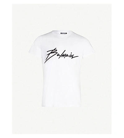 Shop Balmain Logo-flocked Cotton-jersey T-shirt In White