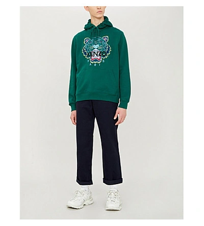 Shop Kenzo Tiger-embroidered Cotton-jersey Hoody In Pine