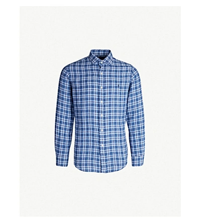 Shop Polo Ralph Lauren Checked Slim-fit Linen Shirt In 3335 Azure/navy Multi