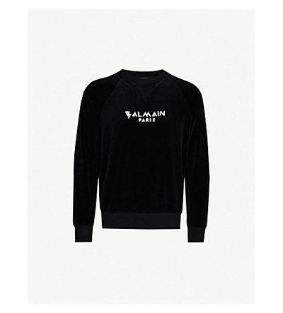 Shop Balmain Logo-print Velvet Sweatshirt In Black
