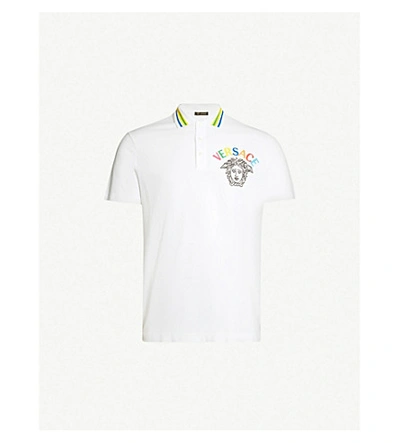 Shop Versace Logo-embroidered Cotton-piqué Polo Shirt In Bianco