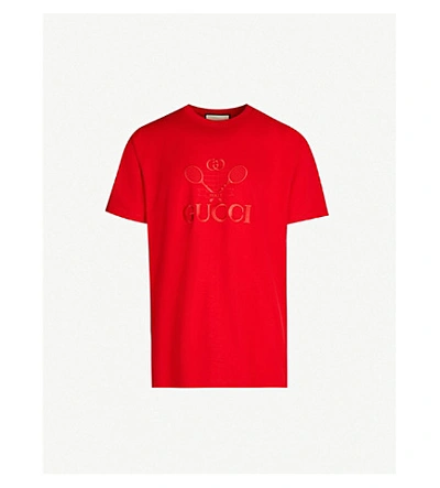 Shop Gucci Logo-embroidered Oversized Cotton-jersey T-shirt In Red