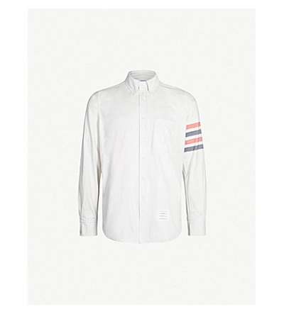 Shop Thom Browne Logo-print Regular-fit Cotton-flannel Shirt In White