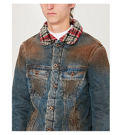 Shop Off-white Shearling-collar Faded Denim Jacket In Dirty Blue Black