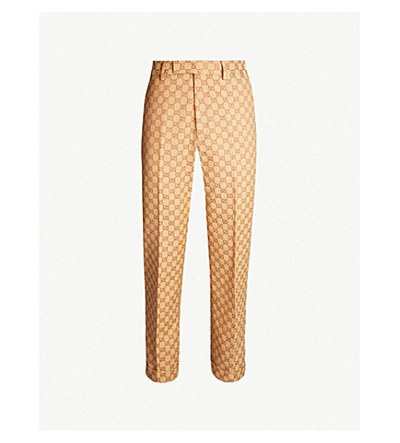 Shop Gucci Logo-webbing Cropped Regular-fit Straight Cotton-blend Trousers In Beige Ruggine