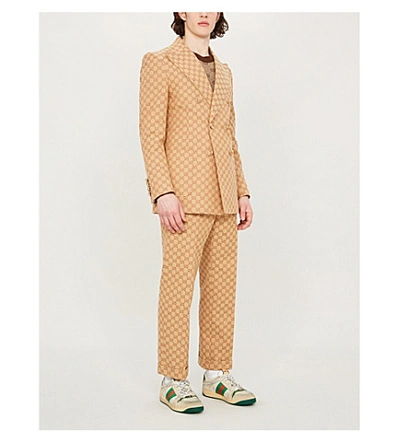 Shop Gucci Logo-webbing Cropped Regular-fit Straight Cotton-blend Trousers In Beige Ruggine