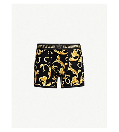 Shop Versace Baroque-print Stretch-jersey Trunks In Black Gold