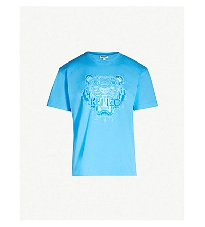 Shop Kenzo Tiger-embroidered Cotton-jersey T-shirt In Cyan