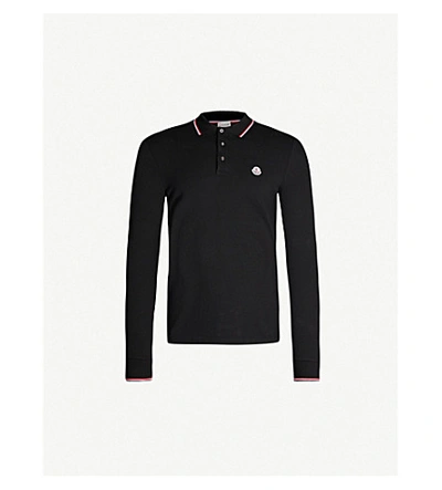 Shop Moncler Stripe-trim Cotton-piqué Polo Shirt In Black