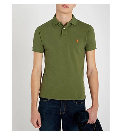 Shop Polo Ralph Lauren Logo-embroidered Slim-fit Cotton-piqué Polo Shirt In Supply Olive