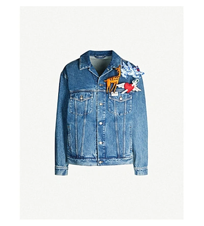 Shop Gucci Appliquéd Faded Denim Jacket In Blue Multi