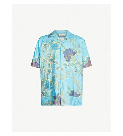 Shop Gucci Oversized Crinkled Woven Shirt In Pale Blue