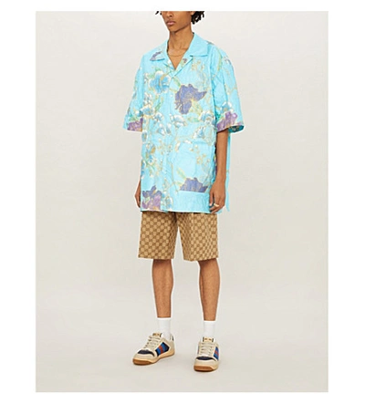 Shop Gucci Oversized Crinkled Woven Shirt In Pale Blue