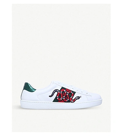 Shop Gucci Men's White Men's New Ace Embroidered-snake Leather Trainers