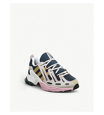 Shop Adidas Originals Eqt Gazelle Leather And Mesh Trainers In Tech Gold Pink