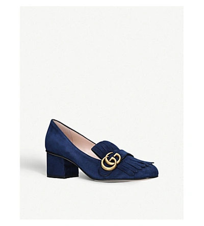 Shop Gucci Marmont Fringed Suede Loafers In Blue