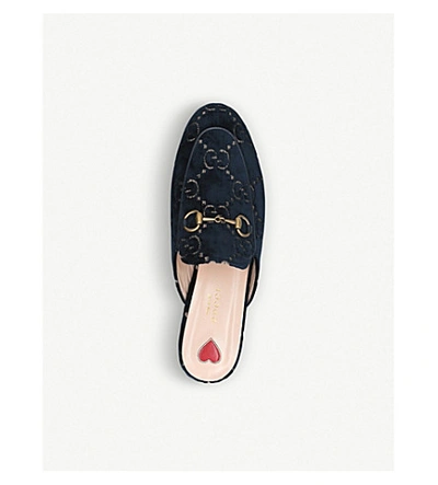 Shop Gucci Princetown Gg Velvet Slippers In Navy