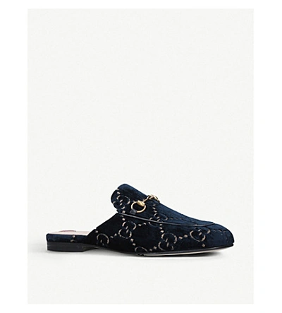 Shop Gucci Princetown Gg Velvet Slippers In Navy