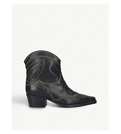 Shop Ganni Low Texas Leather Heeled Ankle Boots In Black