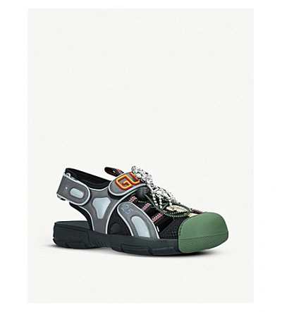 Shop Gucci Tinsel Mesh And Leather Sandals In Blk/other