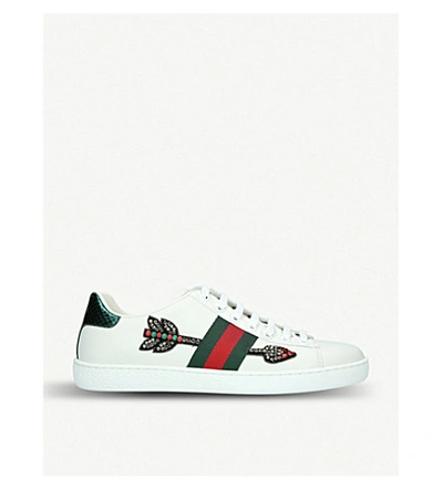 Shop Gucci New Ace Embellished-arrow Leather Trainers In White/oth