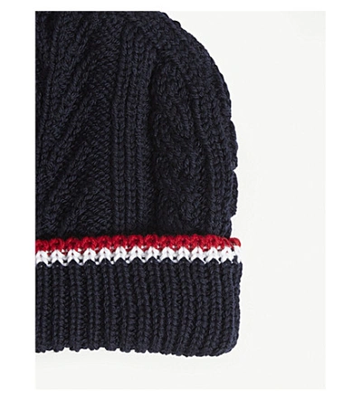 Shop Thom Browne Pom Pom Cable-knit Merino Wool Beanie In Navy