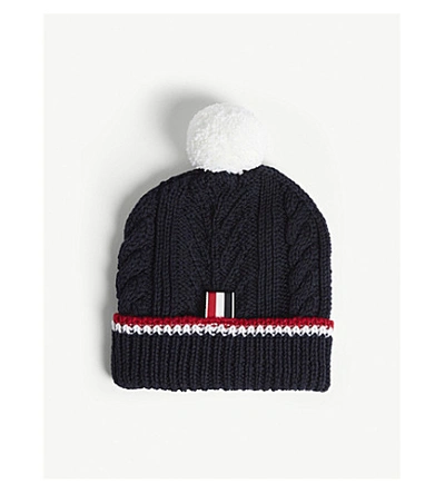 Shop Thom Browne Pom Pom Cable-knit Merino Wool Beanie In Navy