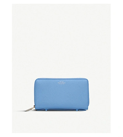 Shop Smythson Panama Double Zipped Grained-leather Travel Wallet In Nile Blue