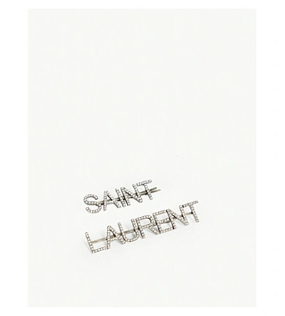 Shop Saint Laurent Crystal-embellished Slogan Barrettes In Silver Crystal