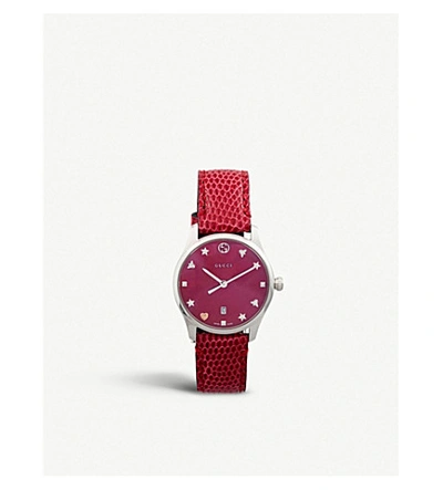 Shop Gucci Ya126585 G-timeless Mother-of-pearl And Lizard-leather Strap Quartz Watch In Red
