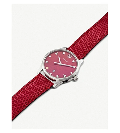 Shop Gucci Ya126585 G-timeless Mother-of-pearl And Lizard-leather Strap Quartz Watch In Red