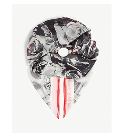 Shop Alexander Mcqueen Ripped Roses Silk Scarf In Black/pink