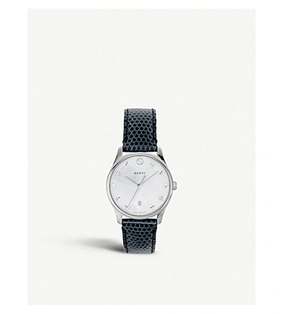 Shop Gucci Ya126588 G-timeless Mother-of-pearl And Lizard-leather Strap Quartz Watch In Blue