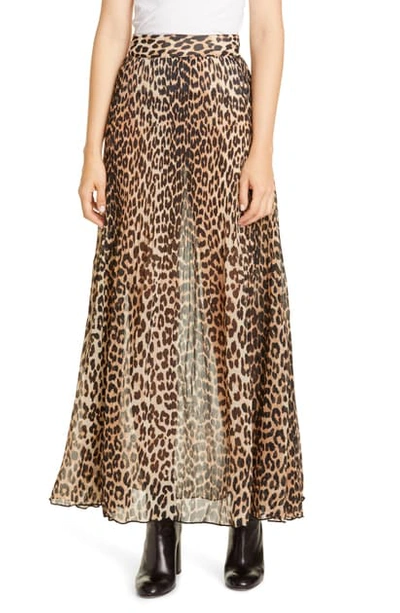 Shop Ganni Leopard Print Sheer Pleated Georgette Maxi Skirt