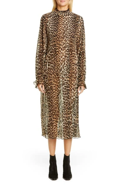 Shop Ganni Leopard Print Sheer Georgette Long Sleeve Midi Dress