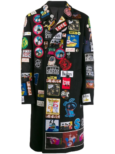 Shop Stella Mccartney Arthur Long Double Breasted Coat With Beatles Badges In Black