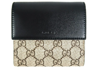 Shop Gucci French Flap Wallet Gg Supreme Black Leather Beige/ebony In Beige/black
