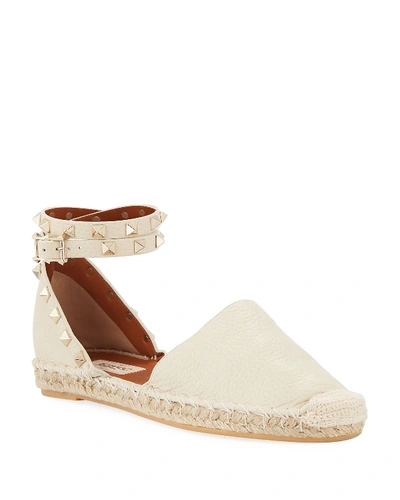Shop Valentino Rockstud Double Espadrille Flats In Ivory