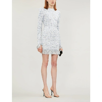 Shop Balmain Metallic Checked-pattern Tweed Mini Dress In Blanc Bleu